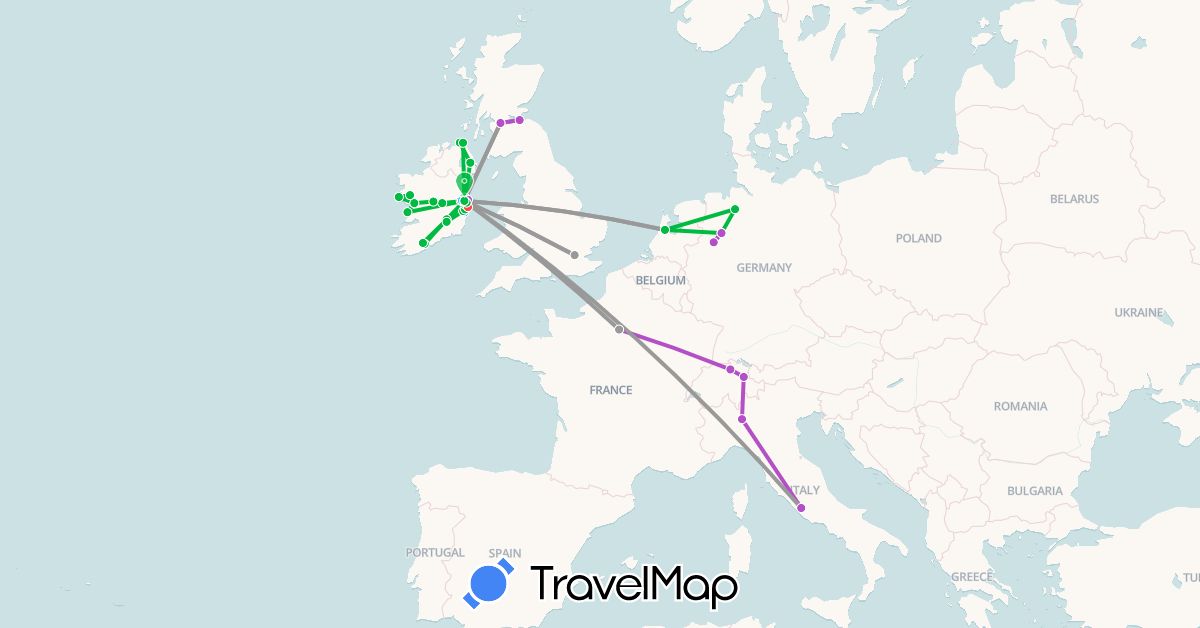 TravelMap itinerary: driving, bus, plane, train, hiking, boat in Switzerland, Germany, France, United Kingdom, Ireland, Italy, Netherlands (Europe)