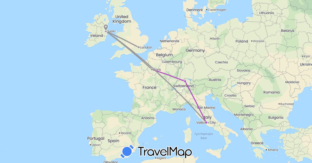 TravelMap itinerary: driving, plane, train in Switzerland, France, United Kingdom, Ireland, Italy (Europe)